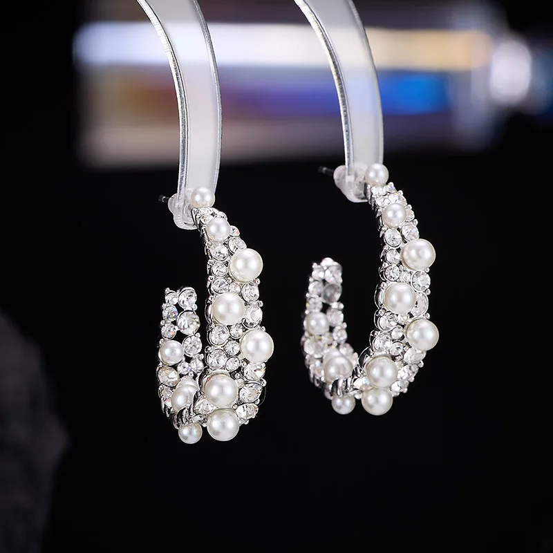 

925 Silver Needle Light Luxury Pearl Oval Geometric C-Shaped Earrings Elegant Retro Zircon Circle Design Fashion Jewelry LYS343