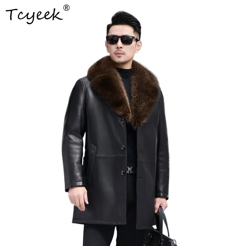 

Tcyeek Real Goatskin Autumn Winter Trendy Suit Collar Mink Inner Lining Raccoon Fur Collar Men's Genuine Leather Jacket 가죽자켓