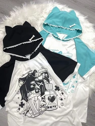 Japanese Kawaii Cartoon Print Long T-shirt Women Cute Contrast Hooded Tops Summer Harajuku Lace Patchwork Y2k Aesthetic Tops Tee