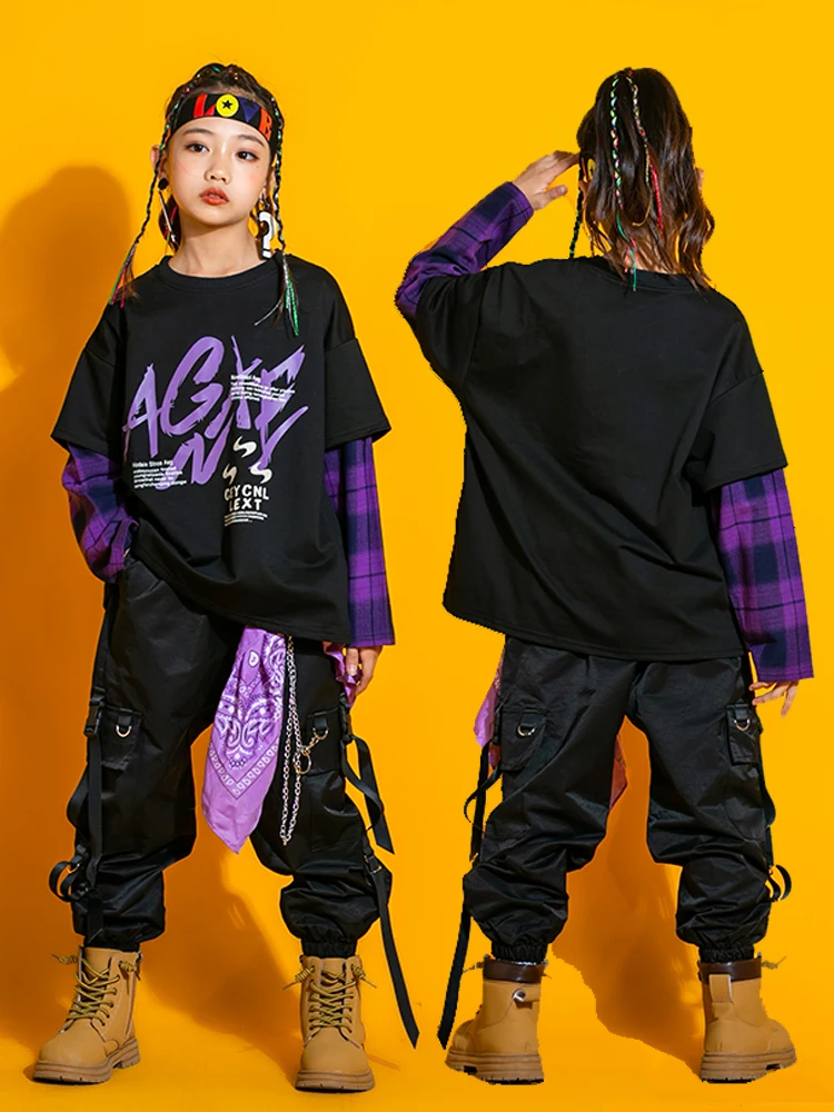 Street Dance Costume Kids Hip-Hop Dancing Outfit Concert New Hip Hop Girls Clothes Loose Sweater Black Cargo Pants Boys