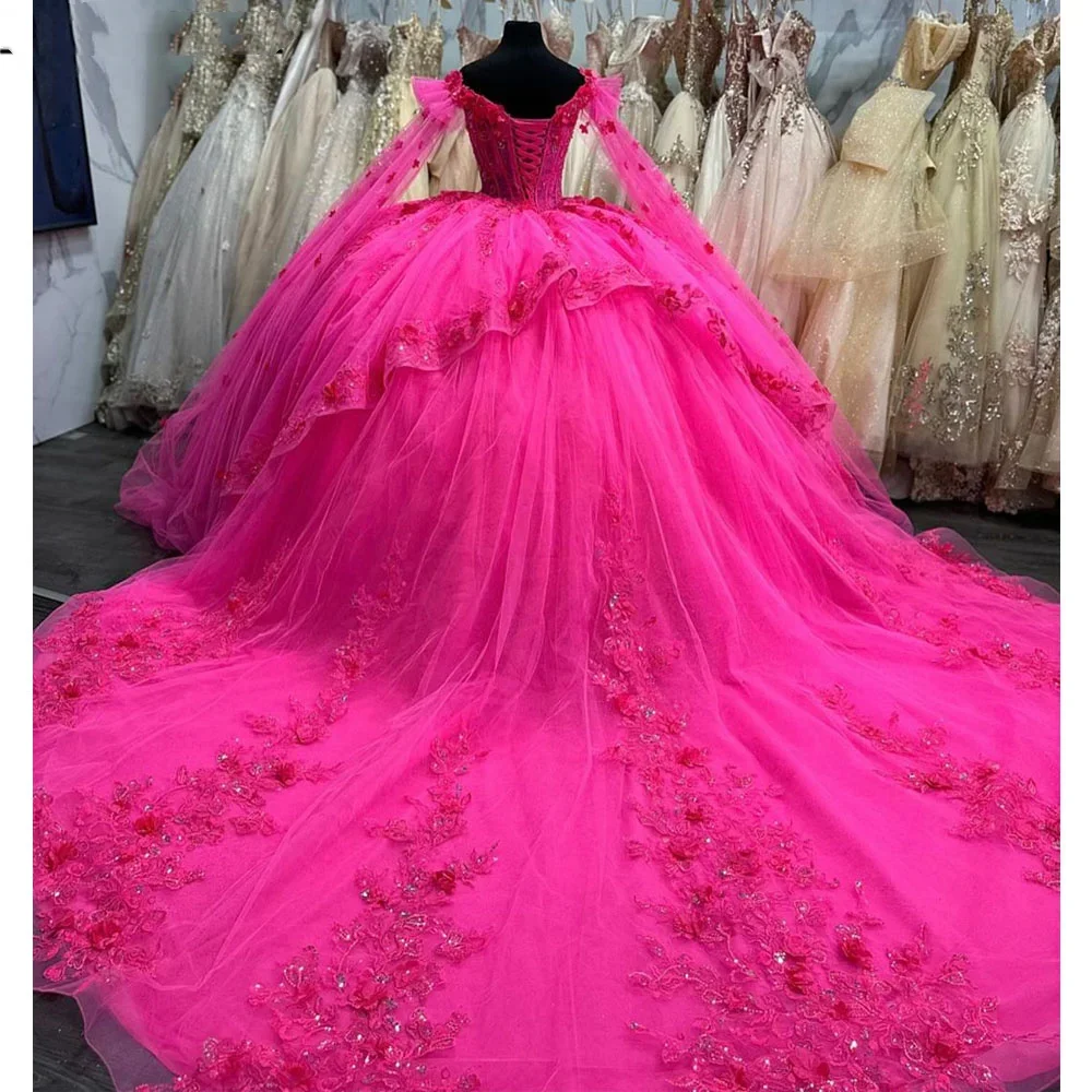 Angelsbridep Hot Pink Quinceanera Dress With Wraps Customized Applique Lace Tull Ball Gown vestidos para 15 vestido años