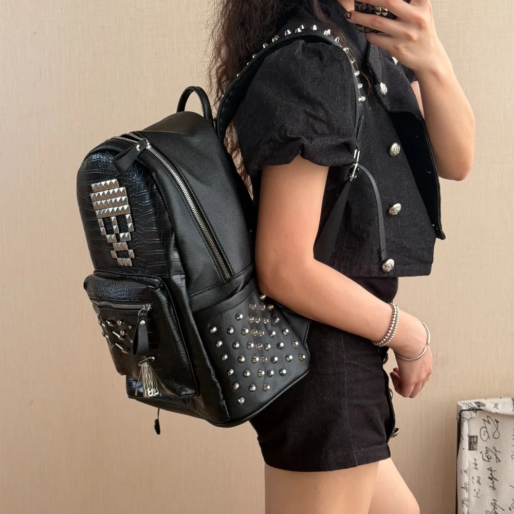 Original Black Crocodile Pattern Skull Rivet Backpack Pin Decoration Street Fashion Computer Schoolbag for Men and Women view 3