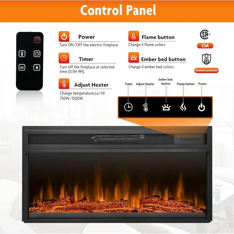 Wkładka kominkowa elektryczna z pilotem, regulowaną jasnością płomienia i kolorami emberyjnego łóżka, niski poziom hałasu, jesteś to