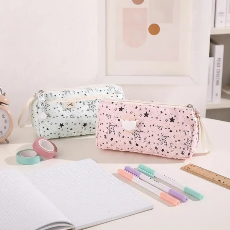 Durable Canvas Makeup Bag Star Print Zipper Pouch Portable Spacious Desk Organizer Perfect Holiday Gift for Women
