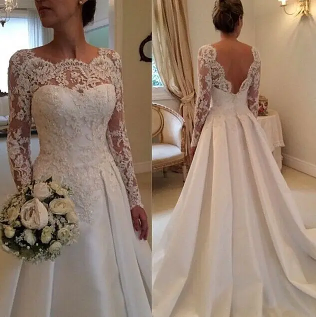 Robe de Mariée Élégante en Satin à Manches sulf, Dos aux, Vintage, Dentelle, Sur Mesure, 2023, 2022