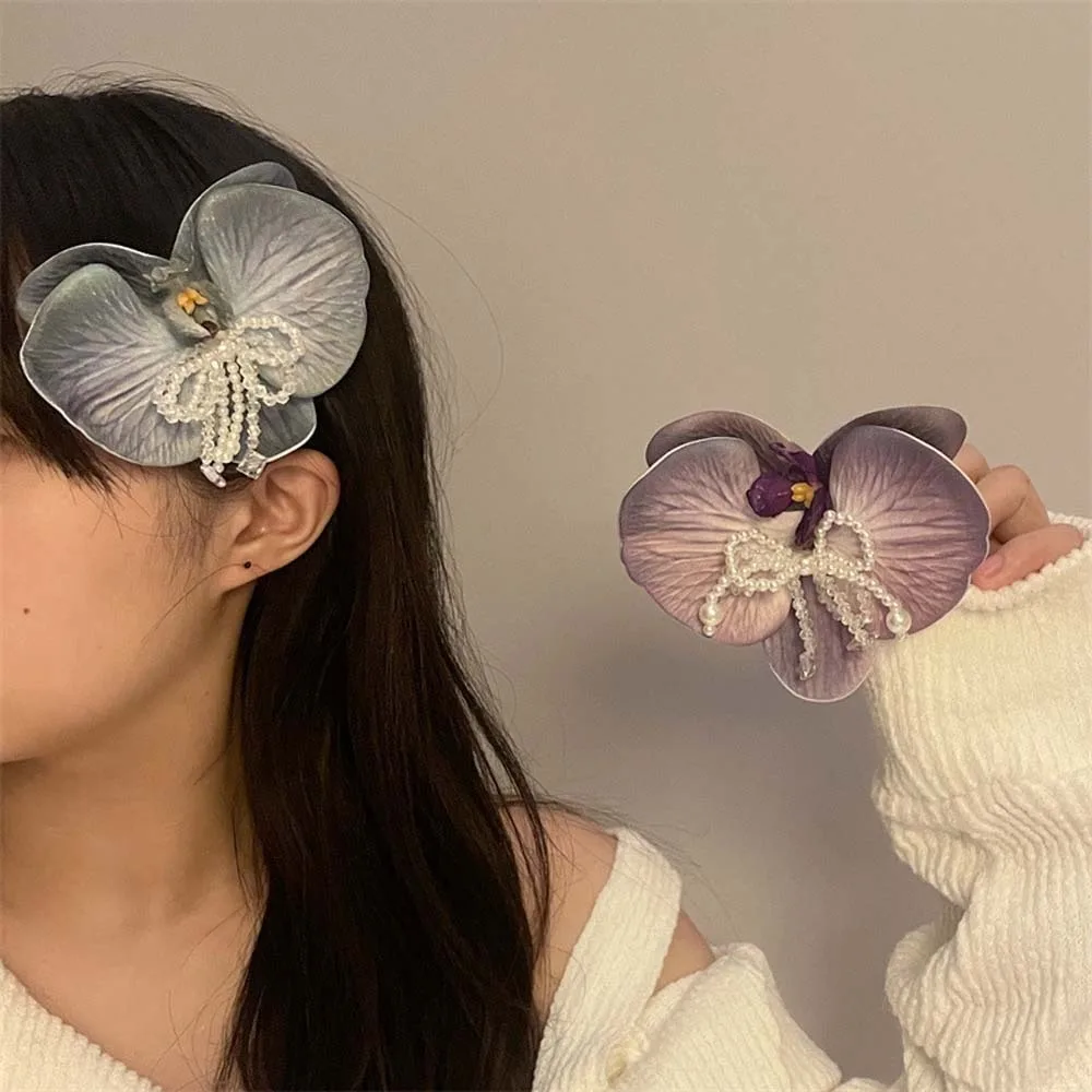 Simple ผ้า Butterfly Orchid คลิปผม DENIM โลหะผสมสไตล์โบฮีเมียน Hairpin วันหยุดริมทะเล Headwear เพิร์ลสาวคลิปด้านข้างชายหาด
