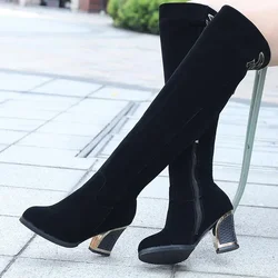 Women Sexy High Heels Shoes Suede Zipper Chelsea Boots 2024 Fashion Winter New Chunky Knee High Boots Pumps Punk High Sock Botas