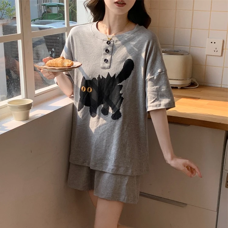 

Summer cute cartoon cat print Women's Pajamas Set O-Neck T shirt & Shorts Sleepwear 2 Pieces sets pajama for girl Youth Homewear