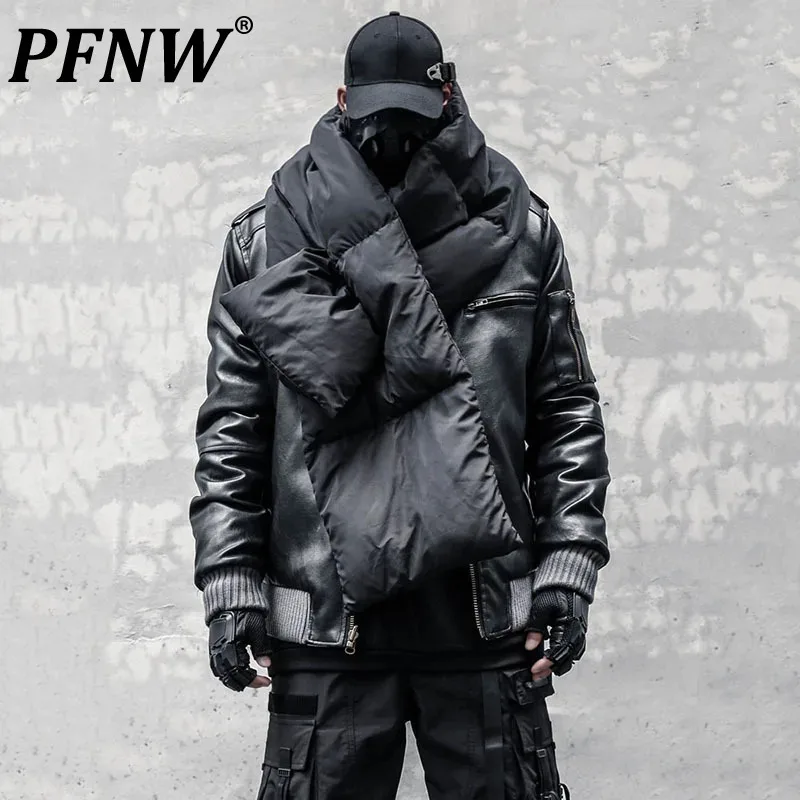 PFNW Niche Winter Darkwear Motorcycle Vintage PU Leather Jacket Stand Up Collar Men's Thick Warm Cotton-padded Coat With Scarf