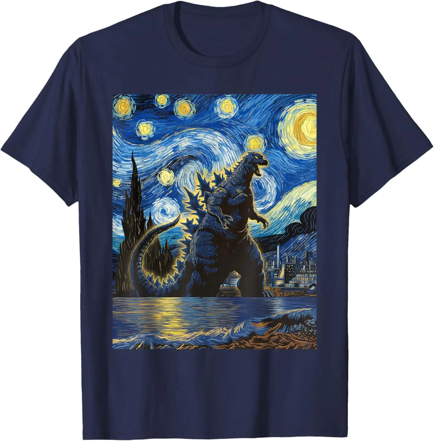 Vintage Japanese Monster Kaiju in Van Gogh Starry Night Art T-Shirt S-6XL