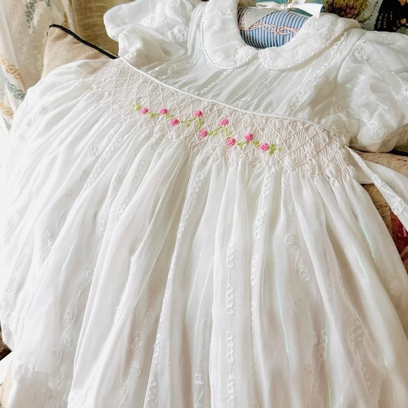 

European Classical Smocking Girl Princess Hand-embroidered Bubble Sleeve Pure Cotton Sweet Princess EID Dress