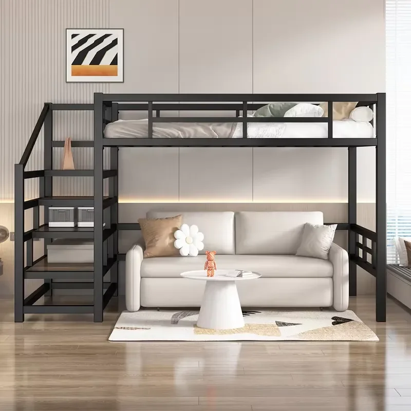 Modern Metal Loft Bed with Desk Single Bunk Bed Space Saving Ladder Frame 2.0m for Dormitory Living Room