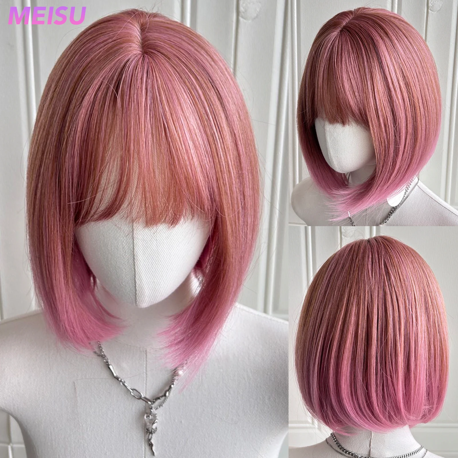 

MEISU Bob 10 Inch Short Pink Stairght Bangs Wig Fiber Synthetic Wig Heat-resistant Non-Glare Natural Cosplay Daily For Women