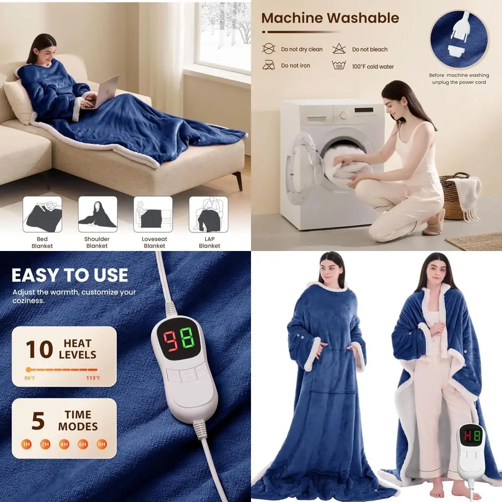 

Navy Blue Sherpa Hoodie with 10-Level Heating, Sleeves, and Foot Pockets - Auto-Off Electric Throw for Adults (50x75 inches)