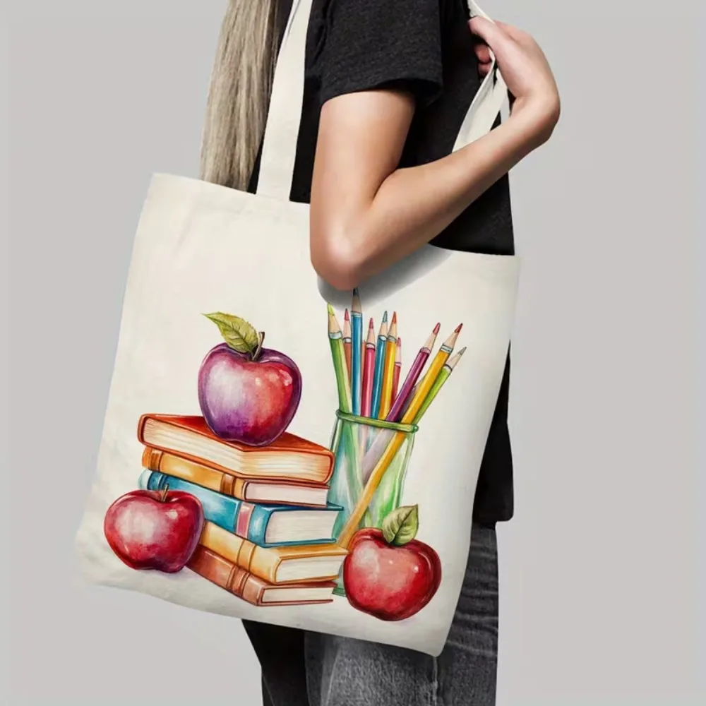 Watercolor Teacher Apple Book Canvas Tote Bag, School Pencil Print Shoulder Bag, Reusable Handbag, Gift for Teachers