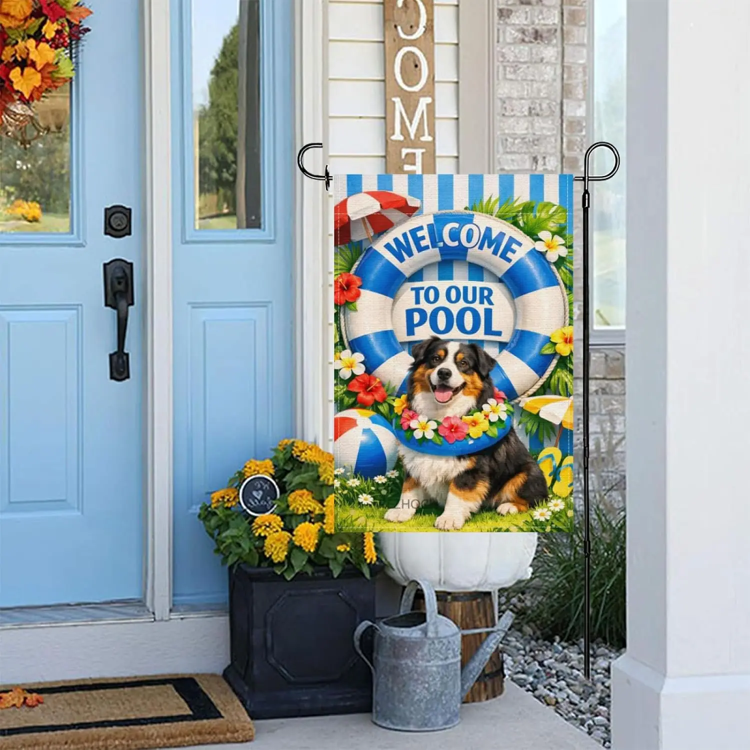 Summer Garden Flag 12x18Inch,Welcome To Our Pool Funny Australian Shepherd Blue White Lifebuoy Beach Outdoor Decor,Animal Fl AAS