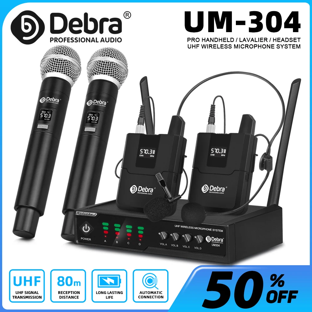 

Debra UM-304 4-Channel Wireless Microphone System, Lavalier/Handheld Microphones, 80m Range, for Karaoke, Churches, and Parties