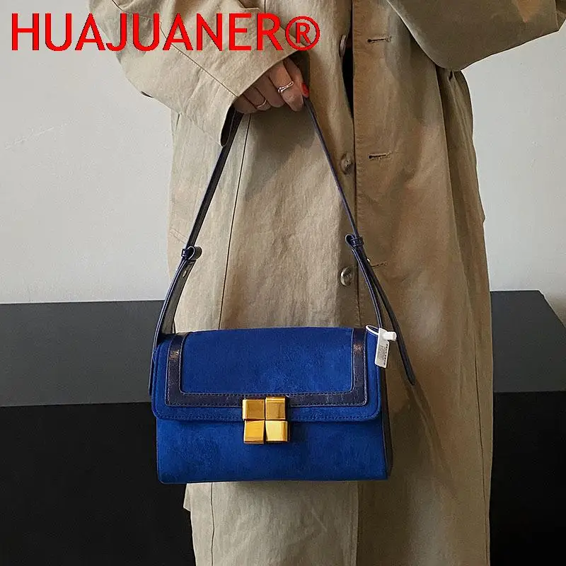 French Design Women Bag Winter New Single Shoulder Handbag For Women Square Classic Blue Nubuck Leather Luxury Messenger Bags