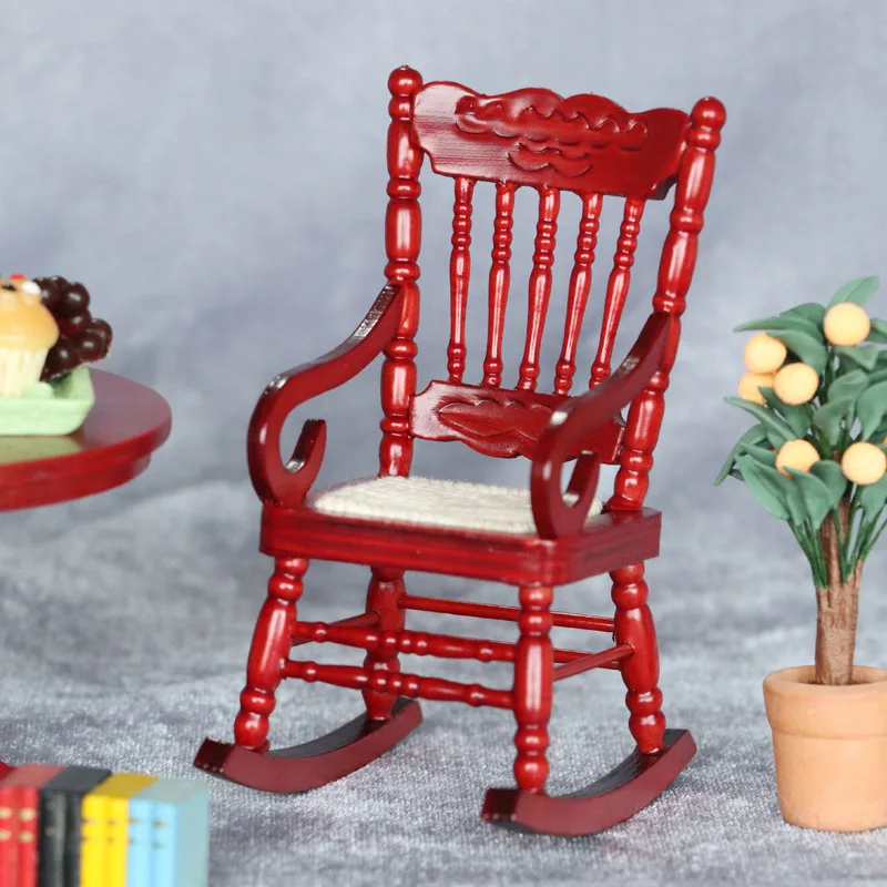 정교한 1:12 인형집 가구 미니어처 클래식 흔들의자 화이트 레드 우드 컬러 인형집 액세서리 모델 장난감