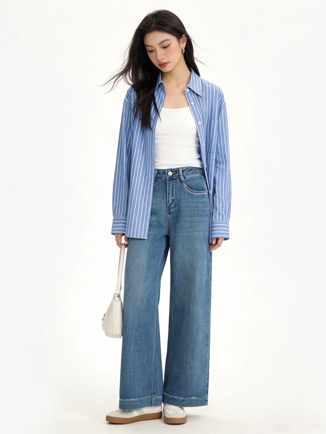 

Retro American Korean Sle High Waist Wide Leg Soft Denim Jeans Deep Blue Loose Drapey Slimming Straight Leg Pants for Women