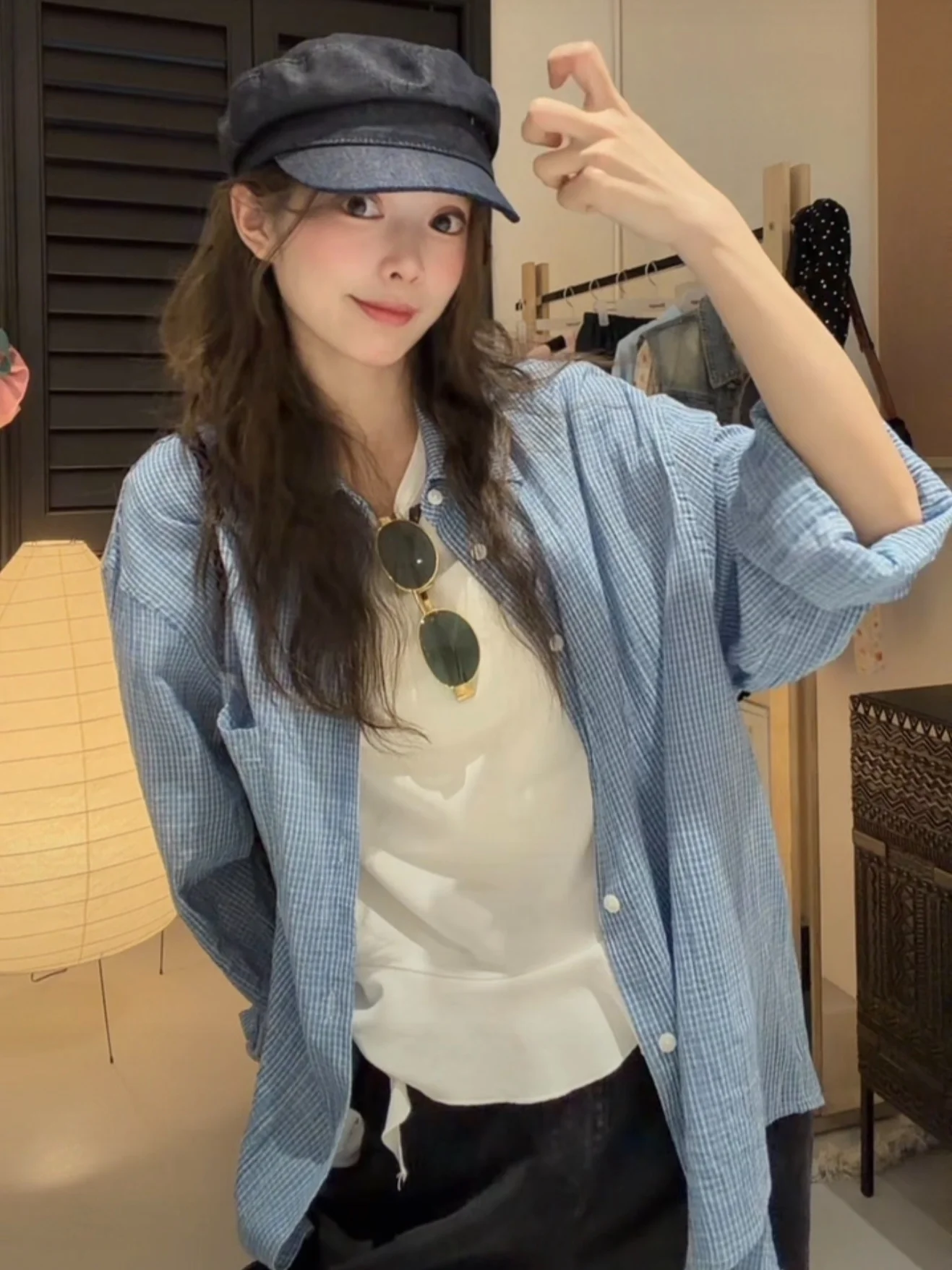 

Легкая клетчатая рубашка с защитой от солнца, женская рубашка свободного кроя в корейском стиле, хлопковый кардиган с длинными рукавами, незаменимая вещь для лета