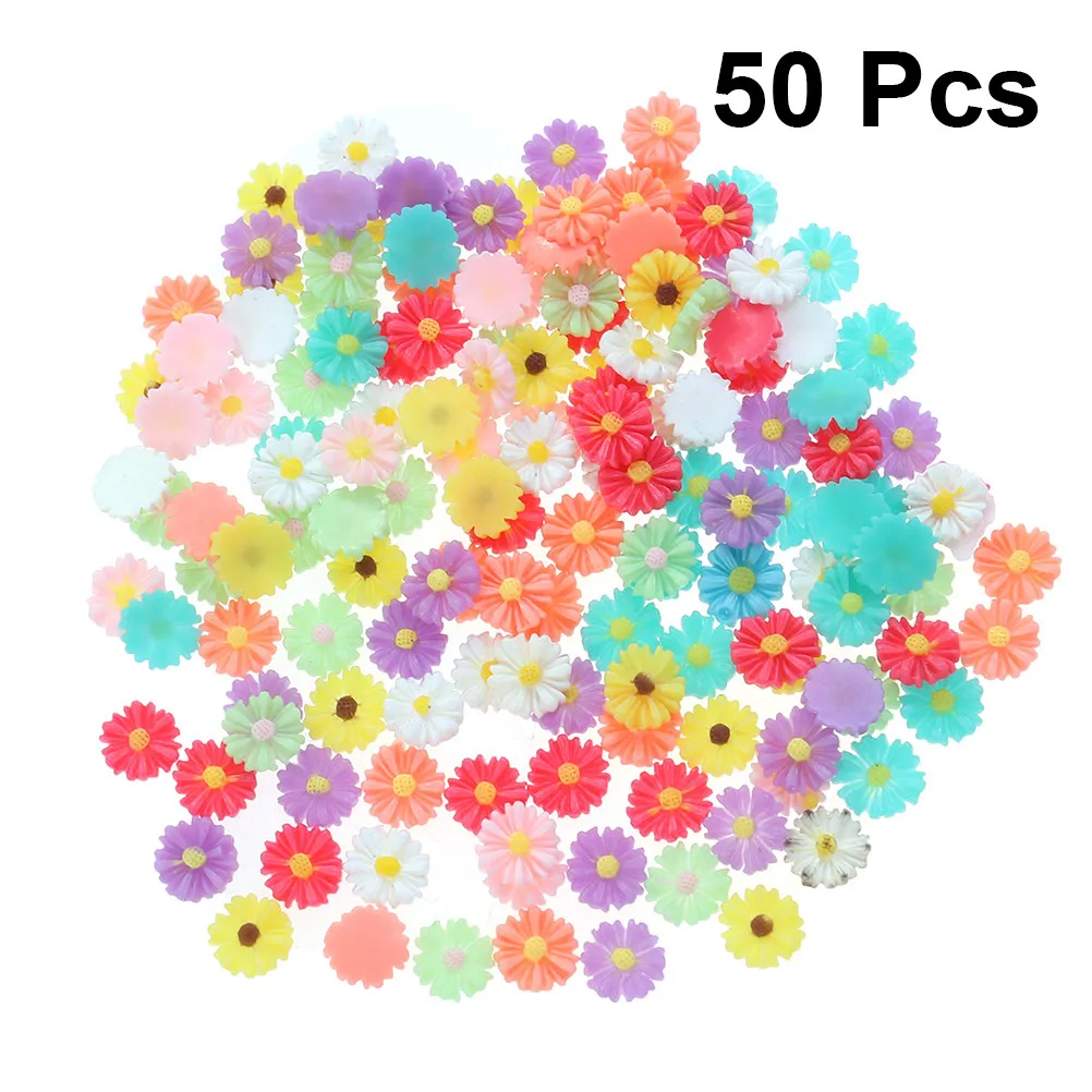 

50 шт. маленьких цветов-маргариток из смолы, 9 мм, разных цветов, для рукоделия, украшения телефонов, скрапбукинга, цветочные кабошоны