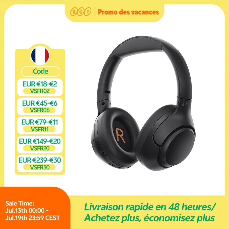 QCY-Casque sans fil H3 ANC, Bluetooth 5.4, audio haute résolution, casque sur l'oreille, hybride 43dB, suppression acti…