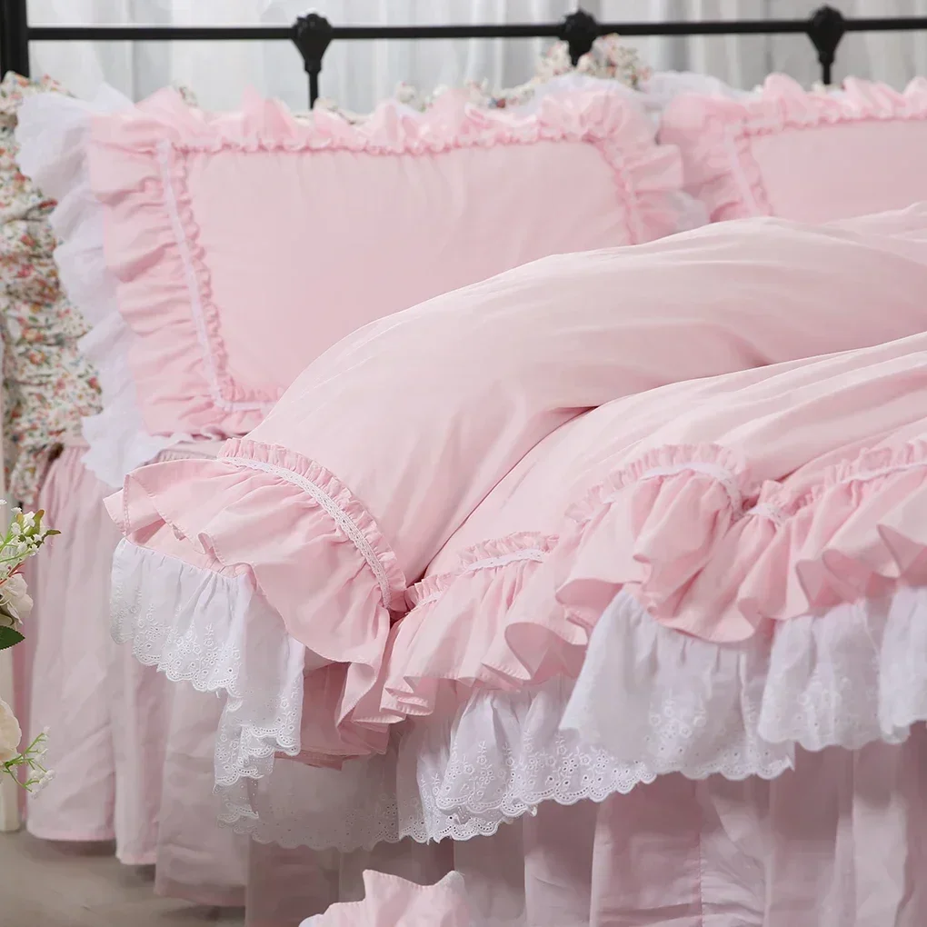 Amazing luxury bedding set pink queen size embroidery ruffle lace double duvet cover bedskirt princess Warm pillow case HM-17P