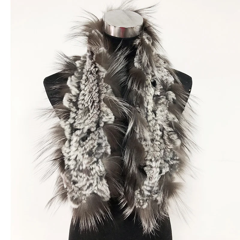 Winter Knitted Genuine Rex Rabbit Fur Knit Scarf with Fox Trim CX-S-115