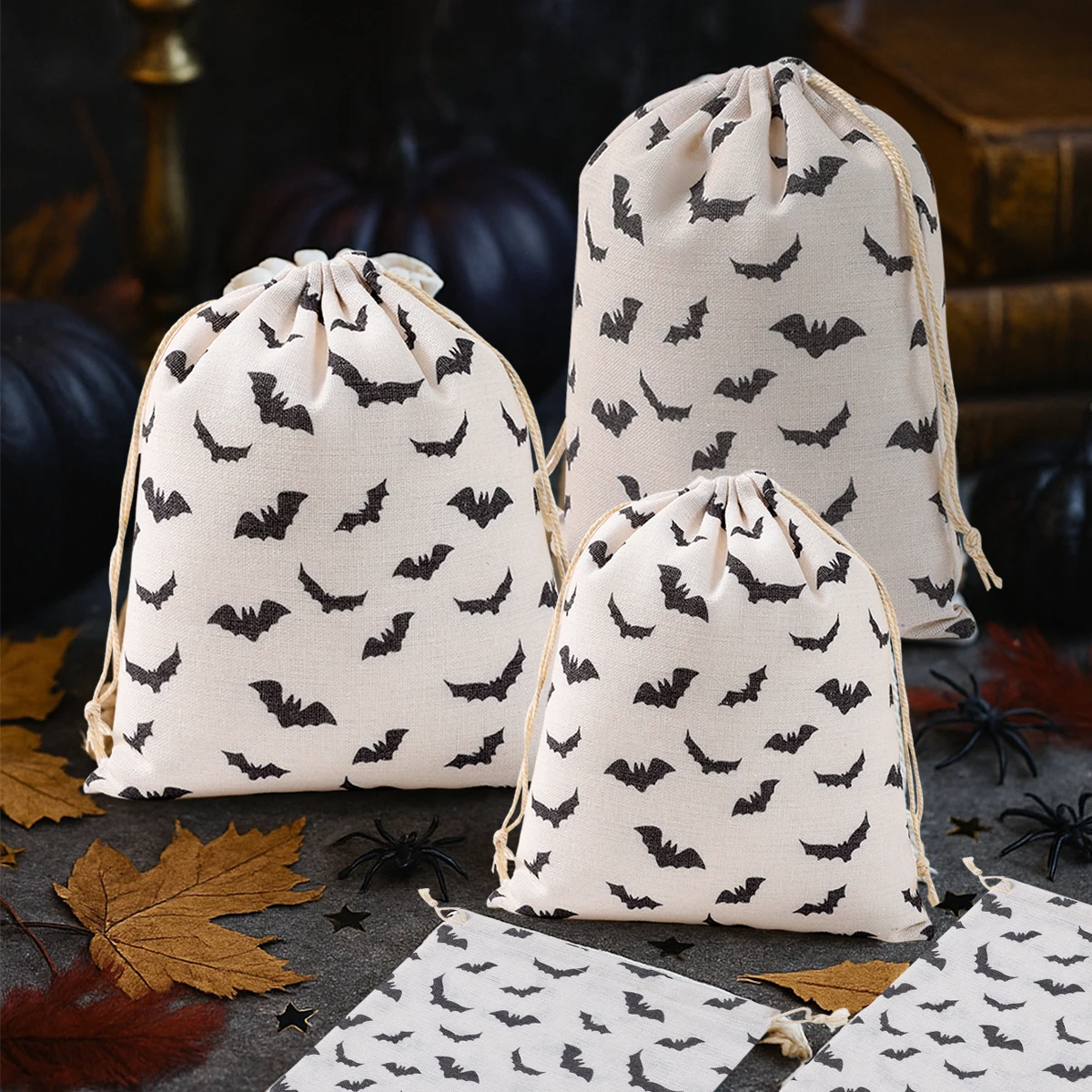 

6pcs Halloween Bat Drawstring Gift Bags Reusable Happy Halloween Bat Design Cotton Drawstring Gift Bags Halloween Party Supplies