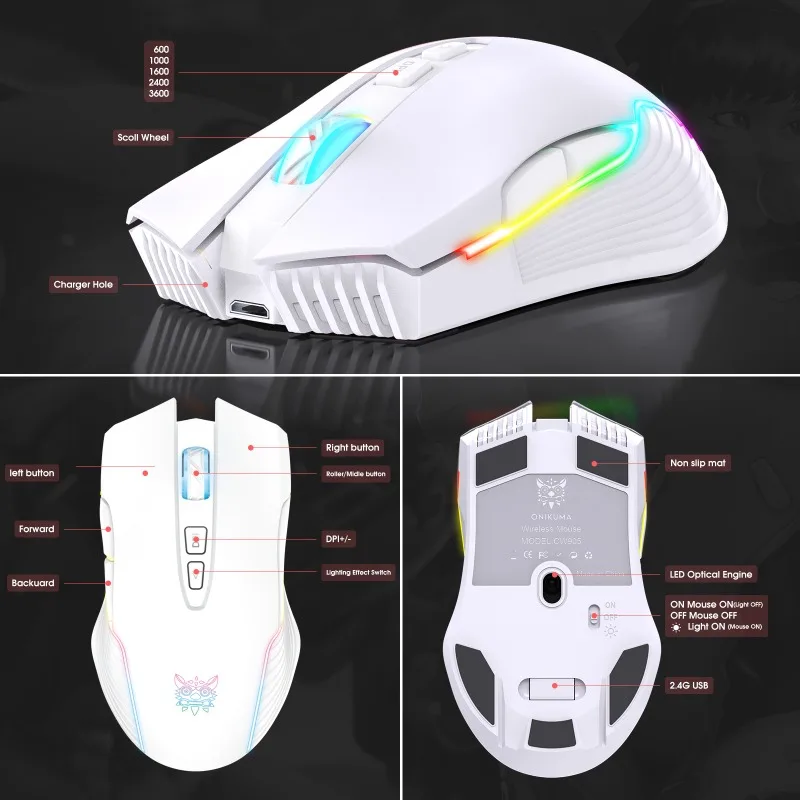 ONIKUMA CW905 Wireless Gaming Mouse 2.4G Wired 3600 DPI RGB Rechargeable 700mAh 7 Button Optical Ergonomic PC Gamer Computer view 6