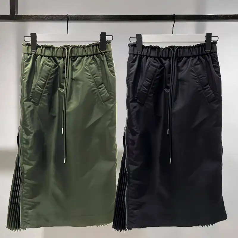 SAC 25 drawstring zipper on both sides pleated waist wrapped hip pleated skirt