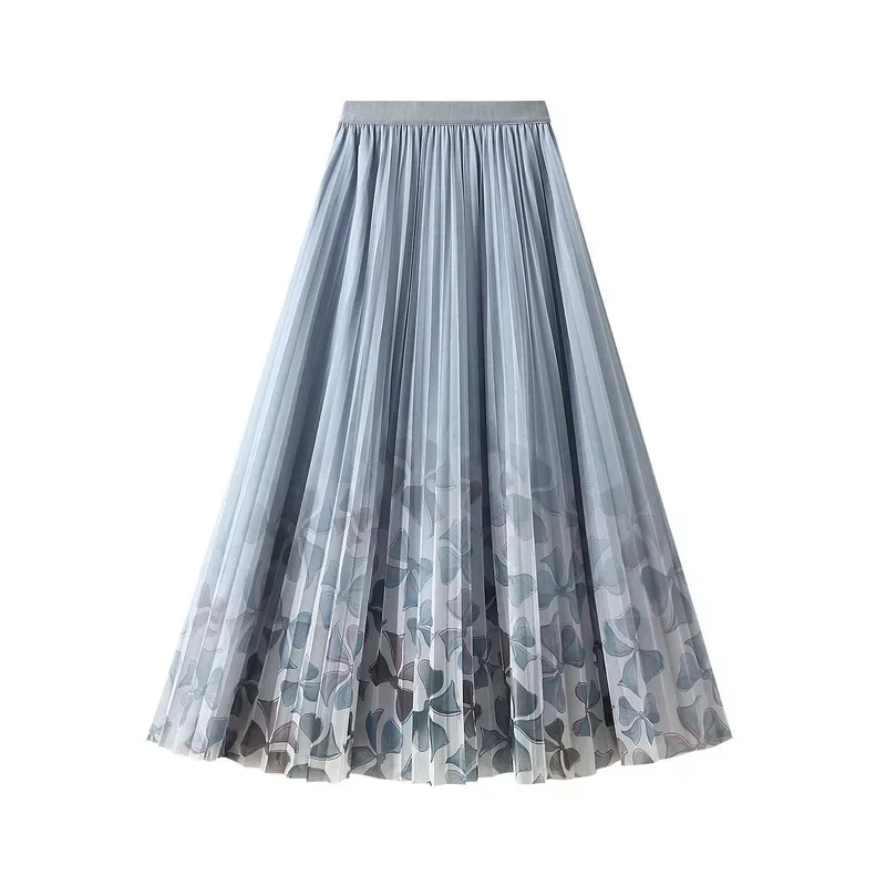 Greenora New Spring and Autumn Women's Style High Waist Loose Elastic Gauze Pleated Printed A-Line Trendy Comfortable All-match