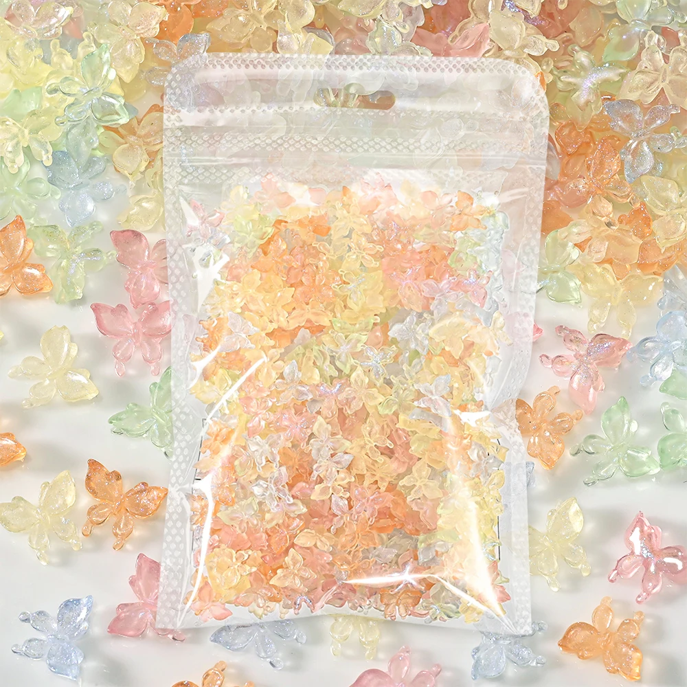 50g 3D Lodowe Przezroczyste Różowo-Żółte Ozdoby do Paznokci w Kształcie Motyli Żywica Śliczne Płaskie Motyle Biżuteria do Paznokci Manicure DIY Dekoracja 300szt.