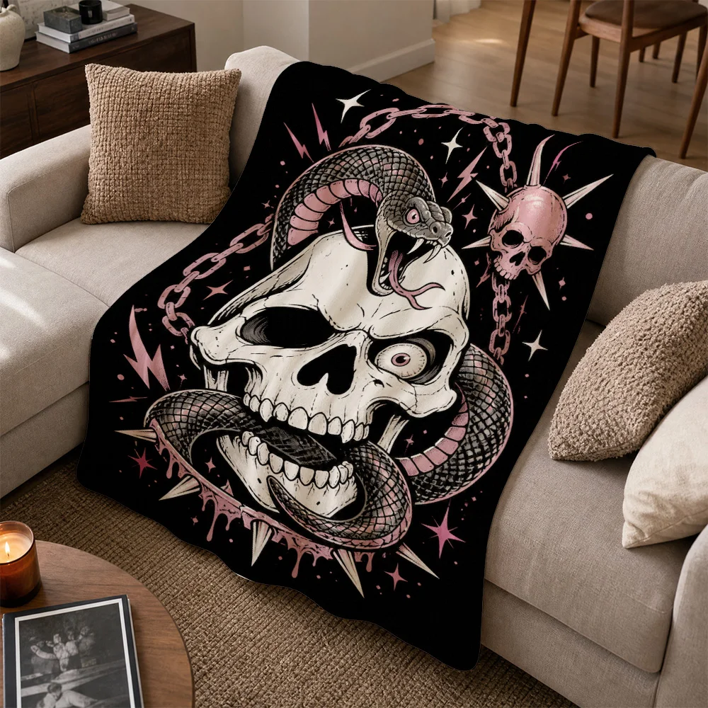 Gothic Skull Snake Throw Blanket for Sofa Couch Macabre Horror Decor Halloween Rock Alternative Home Throw