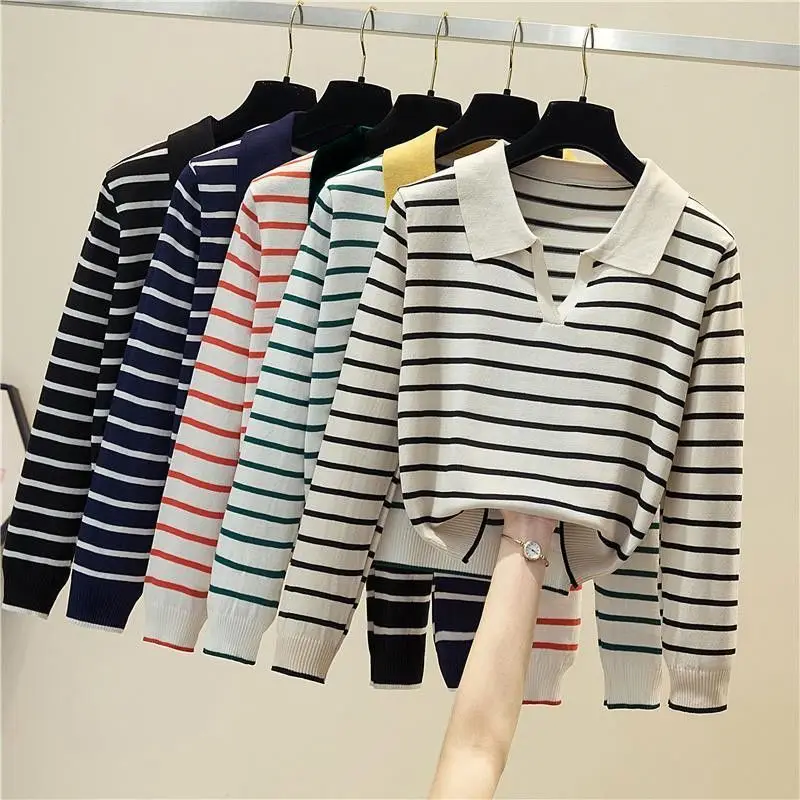 Women Clothing Chic Turn-down Collar Striped Knit Pullovers Autumn Elegant Casual Thin Long Sleeve T-shirt Office Lady Sweet Top