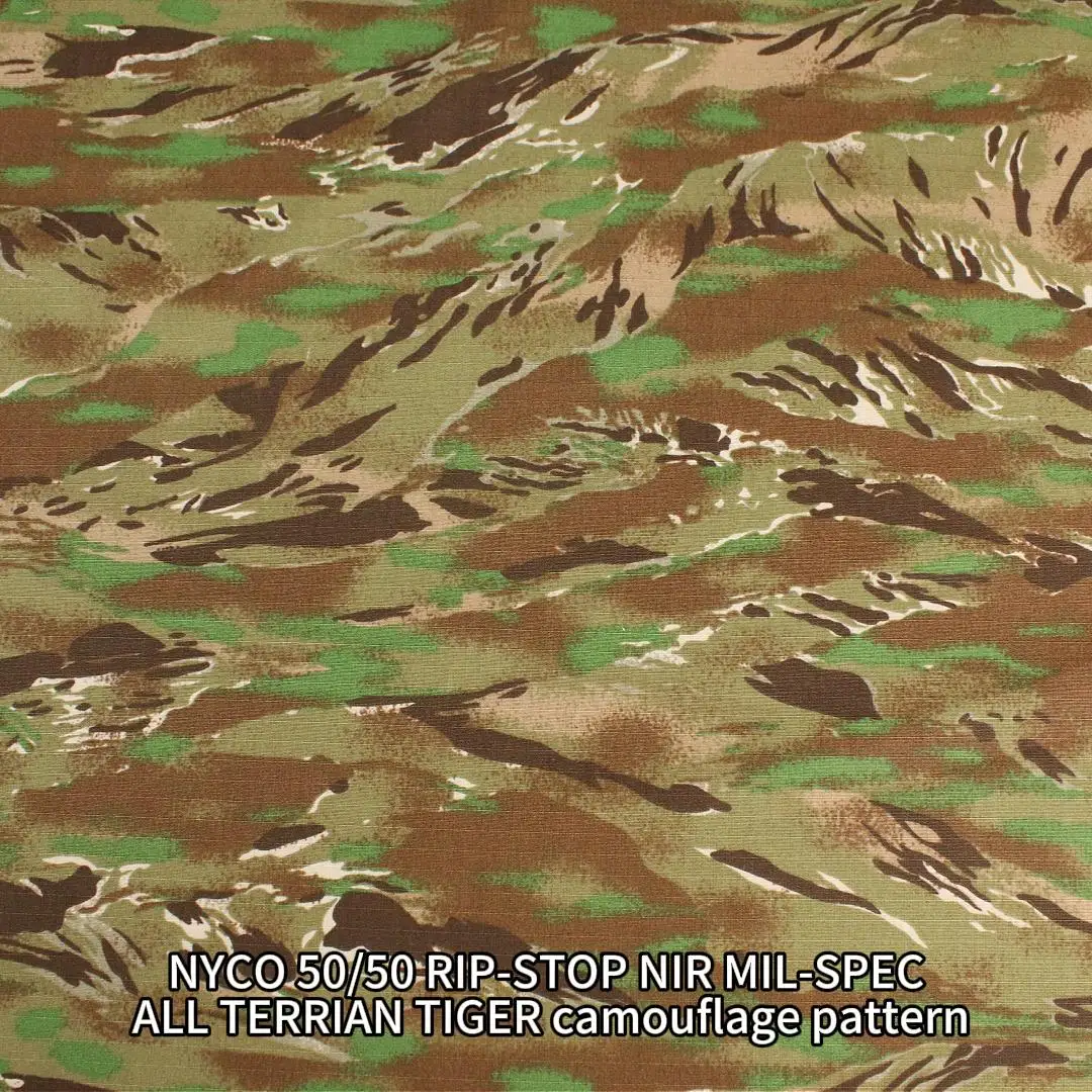 

50% Nylon 50% Cotton Ripstop fabric Multi‑Terrain Tiger Stripe Camouflage NYCO5050 tactical fabric use for uniform in stock