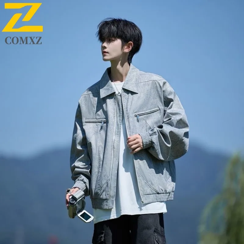 

Men Solid Color Jacket Autumn Fashion Turn Collar Loose Fit Casual Outerwear Lightweight Breathable Street Style Comfort Coat