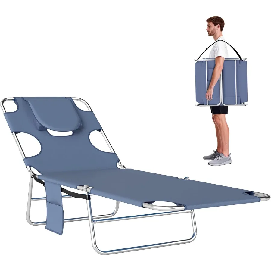 

Складное пляжное кресло Outsunny с отверстием для лица и отделениями для рук, 5-уровневое регулируемое шезлонг, кресло для загара с подушкой для P