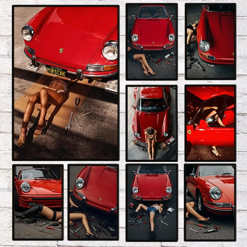 Retro Luxus Berühmte Marke Rotes Auto und Sexy Frau Poster Sportwagen Fotografie Leinwanddruck Wandkunst Garage Zimmer Heimdekoration