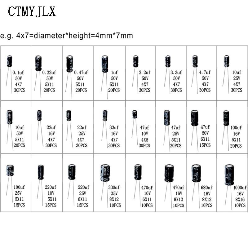 Surtido de condensadores electrolíticos de aluminio, Kit de bricolaje, mezcla de 24 valores, 10V, 16V, 25V, 50V, 500 UF-0,1 UF, 1000 Uds.