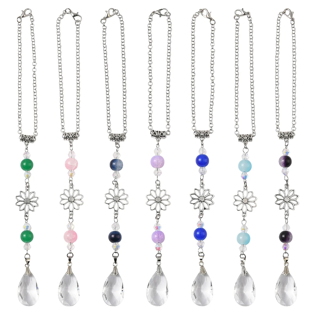 1 Box 7pcs Flower Car Charm Car Mirror Charms Vintage Boho Glass Lotus Flower Drop Beaded Cars Hanging Ornaments for Rearview