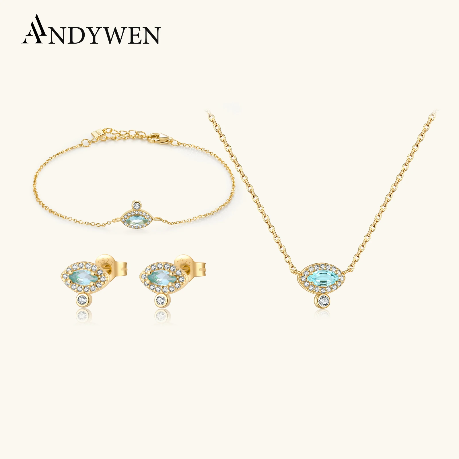 

ANDYWEN, ожерелье из стерлингового серебра 925 пробы с золотистой зажигалкой и голубым цирконием, Очаровательное длинное ожерелье с цепочкой 2021 пробы, украшение для свадебной вечеринки с кристаллами