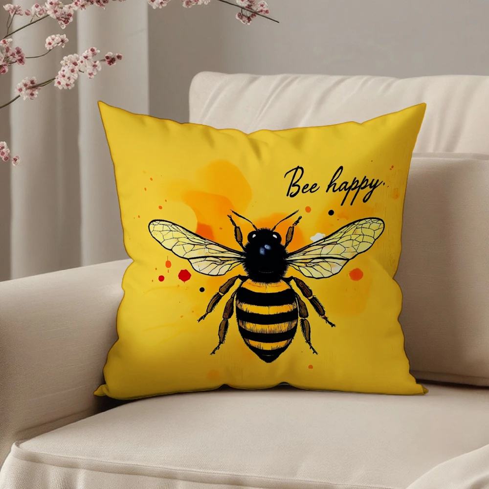 Square Throw Pillow Cover Yellow Bee Happy Print With Watercolor Splatter For Living Room Sofa Bedroom Home Decor Cushion Case