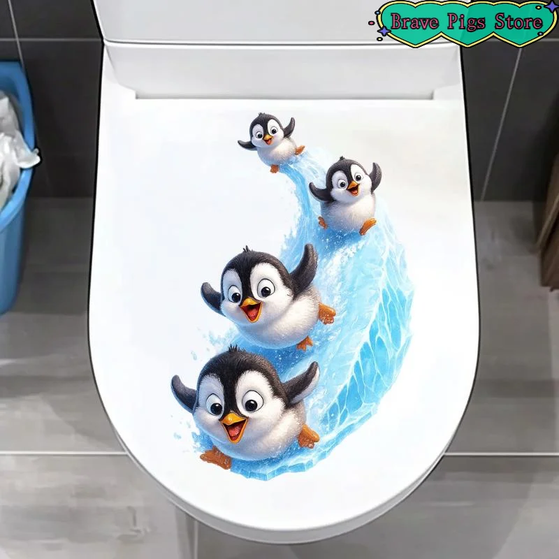 [HM]Cute Sliding Penguins Toilet Decoration Sticker Waterproof Self-Adhesive Bathroom Home Wall Decal[HM]