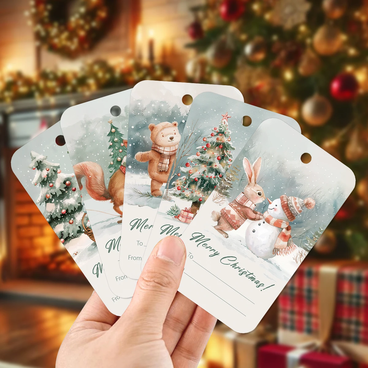 50 Stück Weihnachtsanhänger zum Aufhängen, Motiv: Schneemann, verschneite Szene, Beschriftung, Geschenkverpackung, DIY-Bastelkarte, Party-Weihnachtsbaumdekoration – Detail 1
