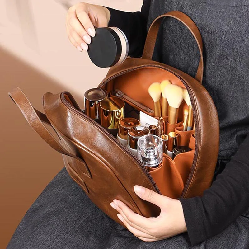 Retro Oil Wax Leather Cosmetic Bag High-End Waterproof Beauty Bags Large Capacity Multi-Compartment Travel Makeup Handbags