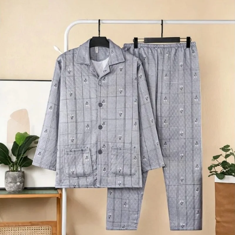 Warm Men Winter 2Pcs Sleepwear French Vintage Plaid Men's Pajamas Cartoon Print Lapel Open Front Long Sleeve Long Pants Homewear