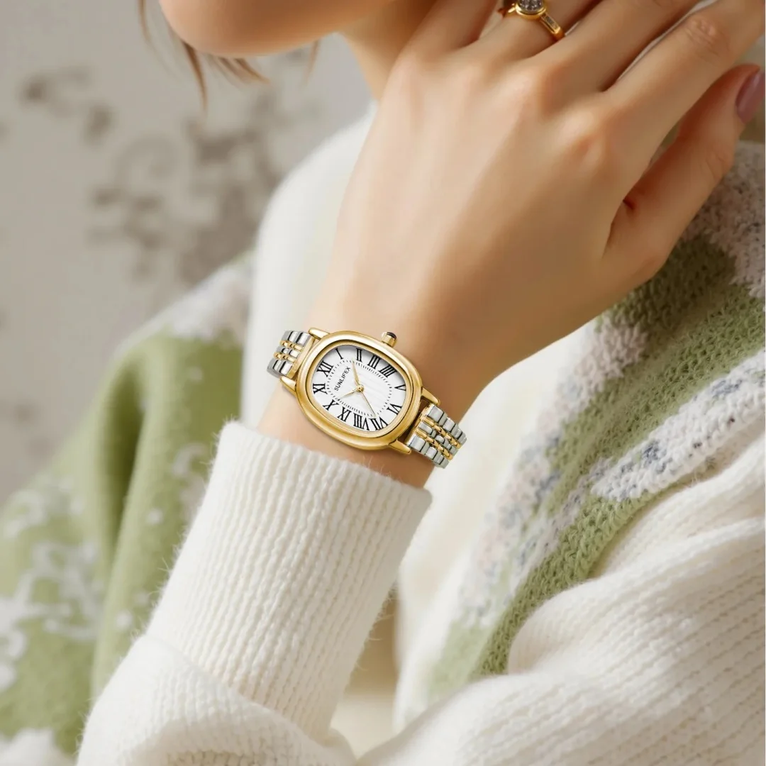 SUNLIFEX Oval Simple Women’s Watch Business Gold Silver Quartz Wristwatch Stainless Steel Folding Clock Elegant Dress Ladies Wa
