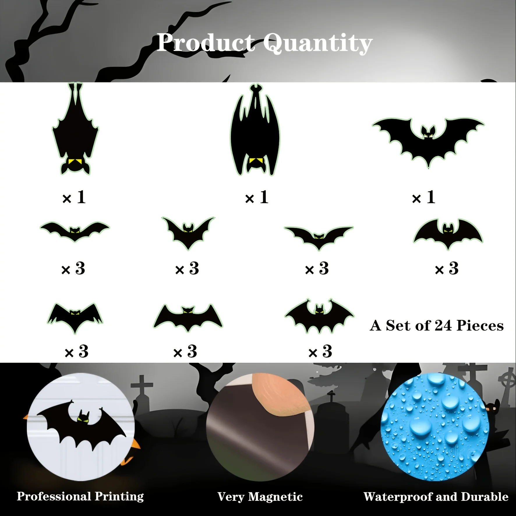 24 Halloween-Magnetfledermäuse für Garagentore – leuchtende Augen, wasserdicht, wiederverwendbar, dekorative Magnete – Detail 4